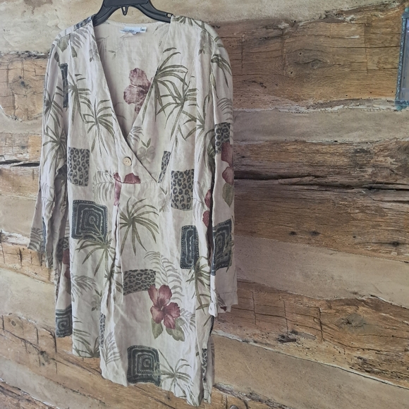 Hot Cotton Tan V Neck Oversized Tropical Print Linen Tunic Size XL - Picture 4 of 8